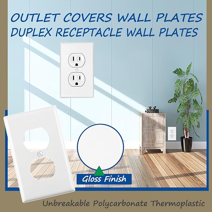 Outlet Covers Wall Plates -Duplex Outlet Covers, 1-Gang Standard Size Wall Plate for Outlets, Duplex Receptacle Wall Plate,Unbreakable Polycarbonate Thermoplastic,UL Listed (2-Pack,White)
