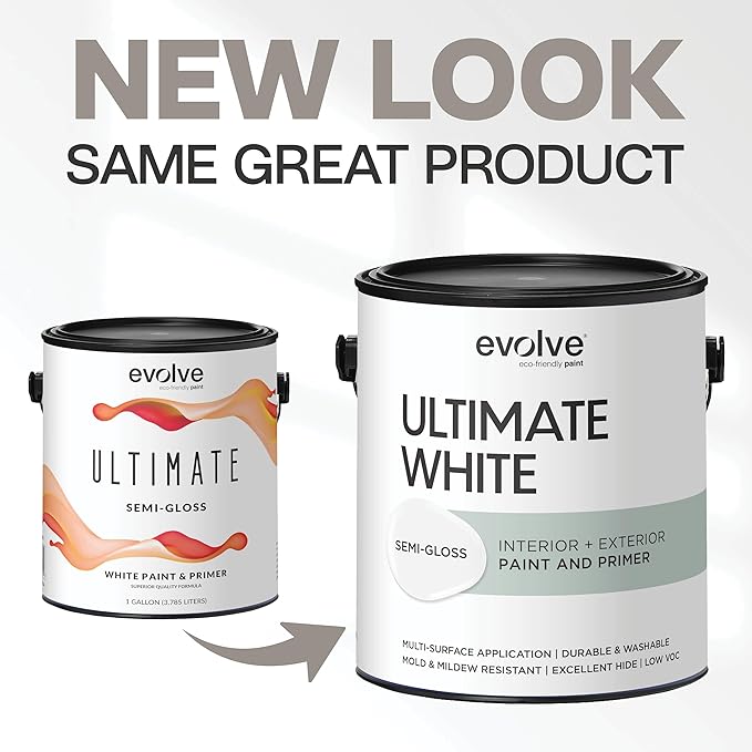 EVOLVE Ultimate White Paint & Primer in One, Semi-Gloss White, 1 Gallon – Interior & Exterior, One-Coat Coverage, Excellent Hide, Low Odor, Low VOC, Washable Paint for Walls, Ceilings & Trim