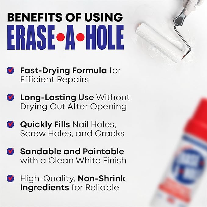 Erase-A-Hole Wall Repair Stick – Quick-Dry Nail & Screw Hole Filler for Drywall, Wood & Plaster – No Sand Spackle Alternative, Paintable Putty, 4.5 oz