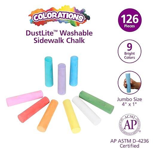 Colorations Jumbo Washable Chalk, Set of 126, Each Piece 4” x 1”, Bulk Outdoor Play Supplies, Non-Toxic, 4+, Classroom Must Haves, Party Favors