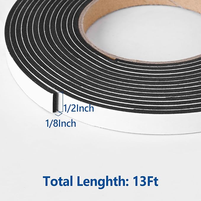 Kikerike Self Adhesive Foam Tape Weatherstrip 1/2In x 1/8In x 13Ft High Density Foam Insulation Strips Seal Weather Stripping with Strong Adhesive for Door and Window Sound Isolation Soundproofing