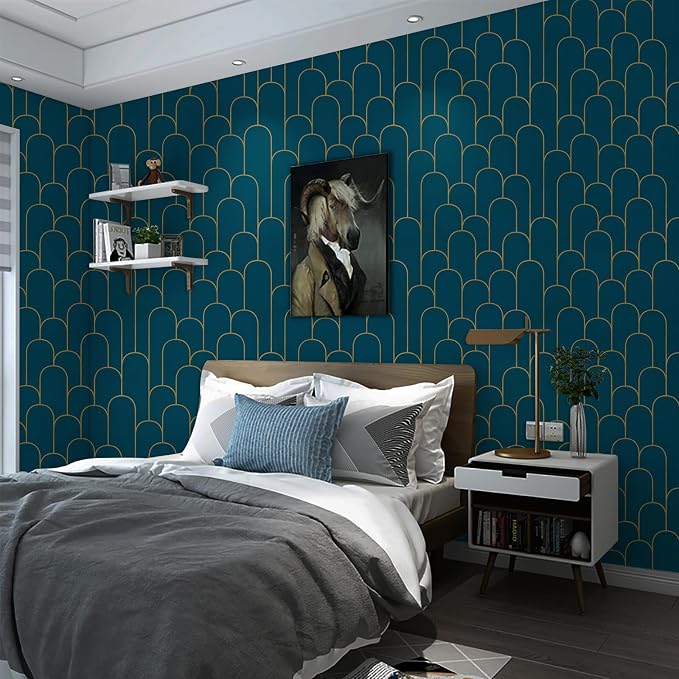 Yasinet Peel and Stick Wallpaper Stripe Removable Blue Contact Paper Blue/Gold Geometric Self Adhesive Decorative for Wall Countertop Cabinet Furniture Vinyl Film 17.3''x393.7''