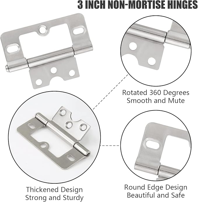 2PCS Non-Mortise Hinges 3 inch Nickel Door Hinges with Mounting Screws, Chest Hinges Heavy Duty Bifold Door Hinges Iron Cabinet Hinges, Precision Butt Hinge for Furniture Windows Cupboard