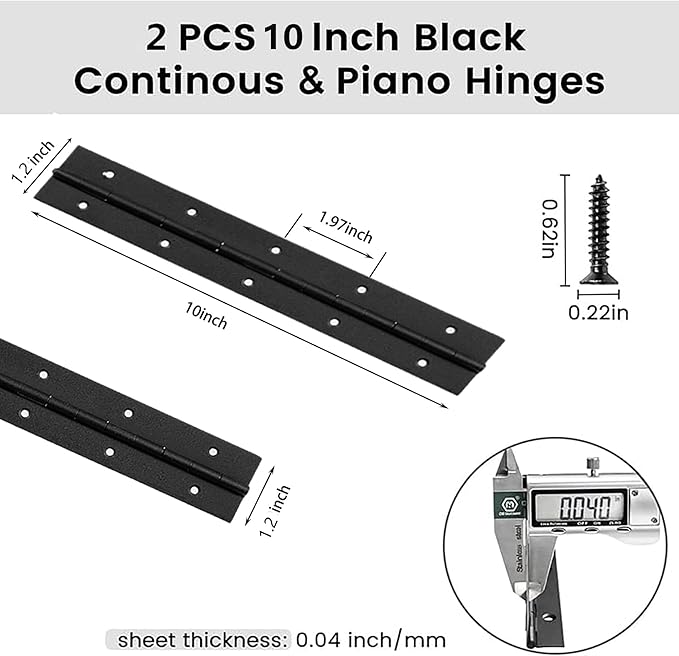 10 Inch Heavy Duty Continuous Piano Hinges, Black Stainless Steel 0.05" Thick 1.2" Open Width Folding Furniture Hinges with Screws for Cabinet Door Box DIY Projects (2 Pack)