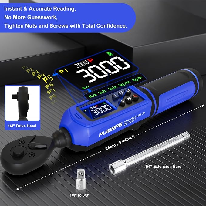 1/4" Digital Torque Wrench 0.33-22.1 Ft.lbs/0.45-30 Nm, Electronic Inch Pound Torque Wrench with 3/8" Adapter Extension Bar for DIY,Motorcycles,Bicycle,Car Buzzer Alarm, ±1% Accuracy 5 Units