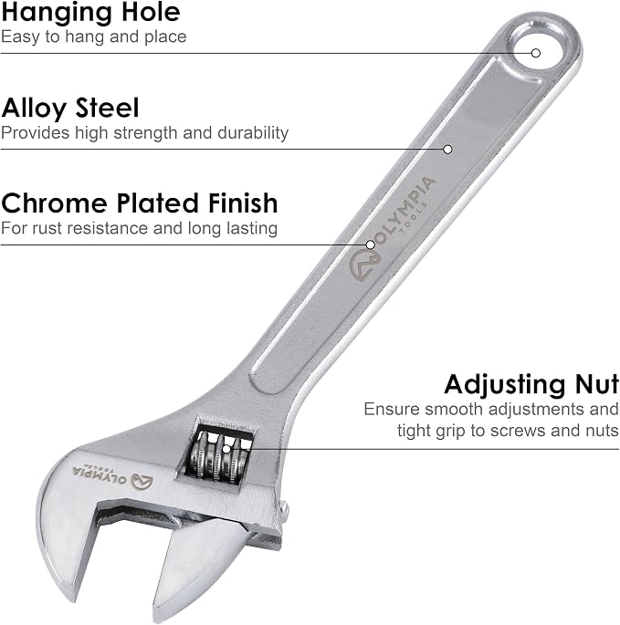 Olympia Tools 8" Adjustable Wrench, Heavy Duty Drop Forged Steel, Chrome Plated, Precision Machined Jaws, Rust Resistant