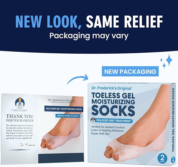 Dr. Frederick's Original Moisturizing Gel Socks - 2 Pairs - Silicone-Feel Socks for Dry Cracked Feet Women & Men - Foot Moisturizing Socks for Cracked Heel Treatment - Day & Night Spa Socks