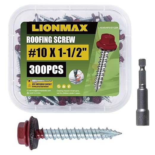 LIONMAX Metal Roofing Screws #10 × 1-1/2 Inch, 300-PCS, Dark Red Painted Hex Head Sheet Metal Roof Screws, Rubber Washer, Sharp Point, Metal to Wood Siding Screws, Hex Socket Included