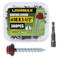 LIONMAX Metal Roofing Screws #10 × 1-1/2 Inch, 300-PCS, Dark Red Painted Hex Head Sheet Metal Roof Screws, Rubber Washer, Sharp Point, Metal to Wood Siding Screws, Hex Socket Included