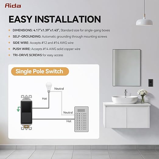 AIDA Single Pole Rocker Decorator Light Switch, 15 Amp Self-grounding Electrical Light Switches, Residential Grade, UL Listed (20 Pack, Glossy Black)