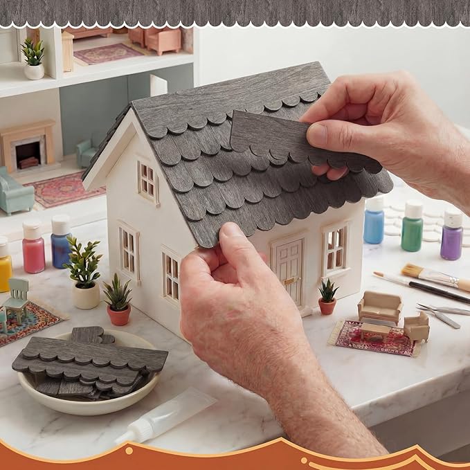 Wenqik 100 Strips Dollhouse Roof Shingles 4.25 x 1.14 Inches Each Mini Fish Scale Wooden Dollhouse Miniature Roofing for 1: 12 Scale Doll House Projects DIY Miniature Landscapes (Taupe)