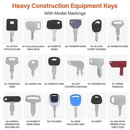 50 Pcs Equipment Keys Master Set, Compatible with CAT Caterpillar Bobcat JCB John Deere Case Kubota Volvo Komatsu Hyster Jlg Yanmar, Construction Heavy Equipment Ignition Keys with US Flag Keychain