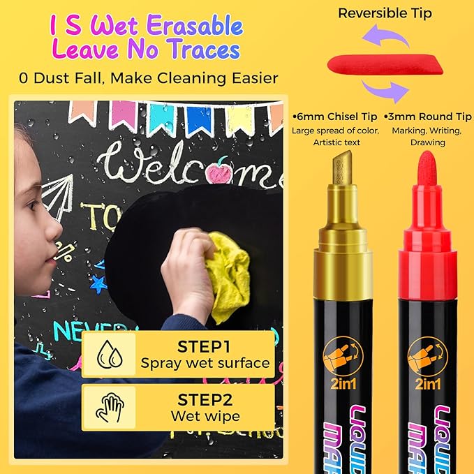 SFAIH 8 Vibrant Liquid Chalk Markers Erasable - Chalk Pens for Blackboard, Calendar, Windows, Glass, Bistro, Stores, Signs, Zero Dust, Non-Toxic, 4.5mm Reversible Tip, With Highlighter Color Markers
