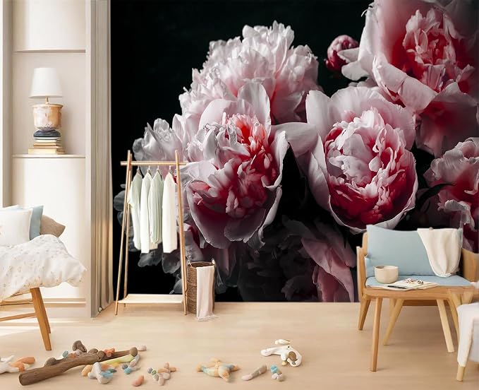 YIHWM-Peel and Stick Pink Flowers Wallpaper Dark Peony Floral Wall Mural | Tear-resistant,with a substantial feel;Will not be damaged during repositioning.Bathroom,Bedroom wallpaper.S-80"x58"