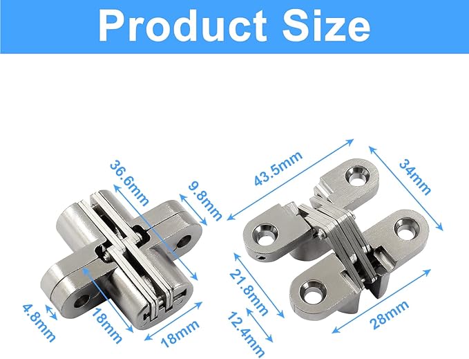 43.5 mm Hidden Hinge, Stainless Steel 180 Degree Invisible Cross Hinges for Kitchen Cabinet Door, Frameless Concealed Hinge with Screws, 2pcs