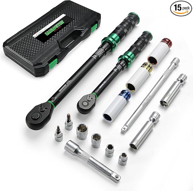 Torque Wrench Set 5-45ft lb(3/8),15-165Ft.lb, with 15PCS Hex Sockets, Spark Plug, Extensions for Automotive, Motorcycle, Industrial Maintenance