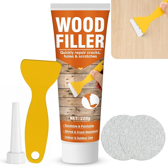 Wood Filler,220g Paintable & Sandable Wood Putty –Low Odor, Shrink & Crack Resistant-Quick Repair for Cracks, Holes and Damage-For Indoor & Outdoor Wood Repair(White)
