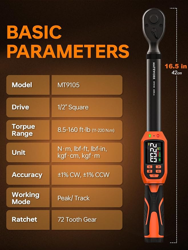Matework Digital Torque Wrench 1/2" Drive | 8.5-160 ft.lb | ±1% High Accuracy | Buzzer and LED Alert | 3-Mode & 5-Unit Switch, 8PCS Digital Torque Wrench Set for Motorcycle, Car Maintenance