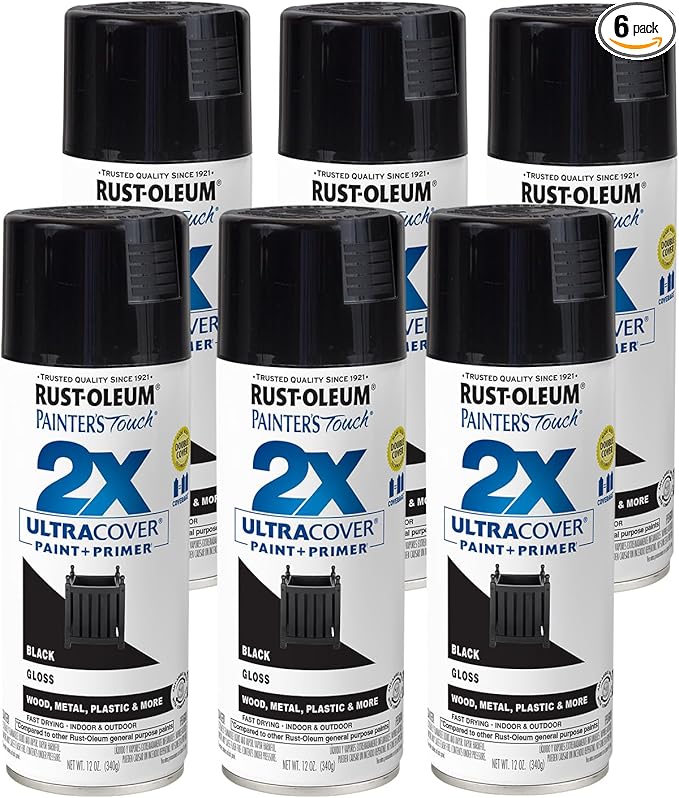 Rust-Oleum 334026-6PK Painter's Touch 2X Ultra Cover Spray Paint, 12 oz, Gloss Black, 6 Pack
