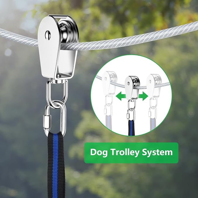 XiaZ Dog Tie Out Cable, 120ft Trolley Runner Cable for Dogs up to 250lbs, Dog Lead for Yard, Camping, Outdoor, with 8 Ft Nylon Bungee Runner, Cable Sling to Protect Trees