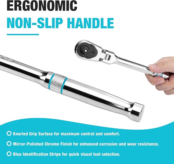 DURATECH 1/2-Inch Flex-Head Ratchet, 90-Tooth Quick-Release Ratchet Wrench | Socket Wrench with 180° Pivoting Head and 7-Position Setting, Reversible, CR-V Made, CR-MO Head, 4° Swing, Full Polished