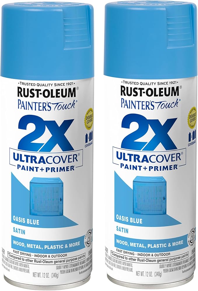 Rust-Oleum 334085-2PK Painter's Touch 2X Ultra Cover Spray Paint, 12 oz, Satin Oasis Blue, 2 Pack