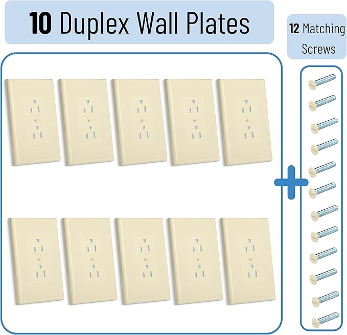 Bates- 1-Gang Duplex Wall Plate, 3.18"x 4.98", 10 Pack, Light Almond, Unbreakable Electrical Outlet Cover Plates, Heat & Impact Resistant, Easy-to-Clean, Duplex Receptacle Cover for Home & Office