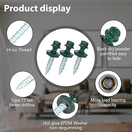 Metal Roofing Screws 10 x 1 inch, Green Hex Head Sheet Metal Roof Screw with EPDM Washer for Corrugated Roofing (250Pcs)