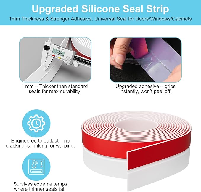 Elvone Heavy-Duty 20 ft x 2 in Weather Stripping, Door Draft Stopper Silicone Seal Strip for House and Glass Shower Doors for Collision and Side Gaps of Door and Windows, White