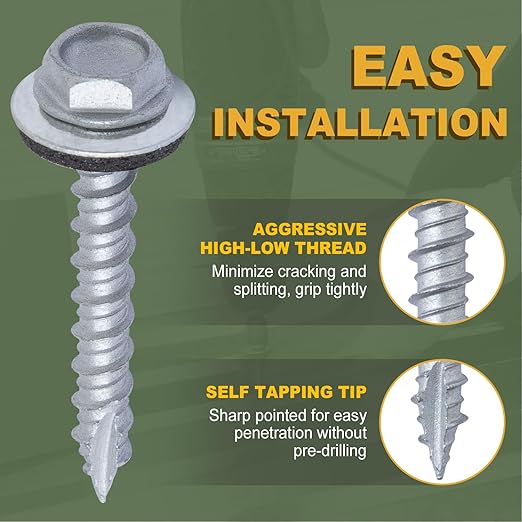 LIONMAX 300-PCS Metal Roofing Screws #10 × 1 Inch, Rustproof Coating Hex Head Sheet Metal to Wood Siding Screw with Rubber Washer, Sharp Point, Hex Socket Included