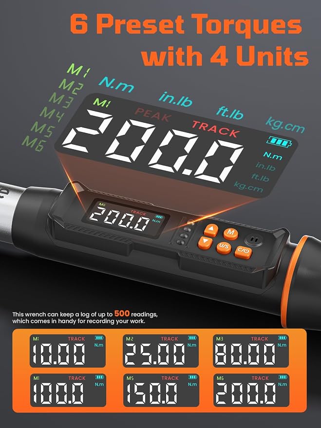 Digital Torque Wrench, 7.38-147.5 ft.lb/10-200 Nm, 1/2" Drive Inch Pound Torque Wrench Electronic with Buzzer & Colorful LED Indicator Cars Automotive