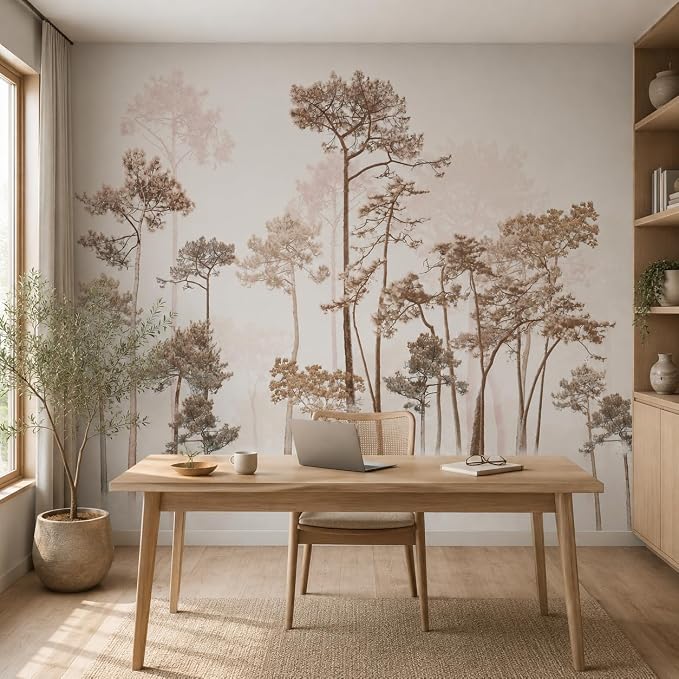 Vintage Forest Beige Wall Murals Peel and Stick 144" W x 100" H | Waterproof Canvas Self-Adhesive Removable Wallpaper Large Woodland Landscape Wall Art Decor for Bedroom Living Room