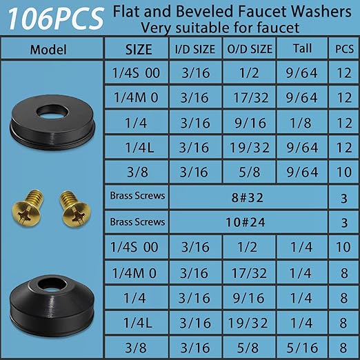 ZDBB 106 pcs Flat and Beveled Faucet Washers and Brass Bibb Screws Assortment for Use with Assorted Quick-Opening Style Faucets Stem Worn Out Washer Replacements Black