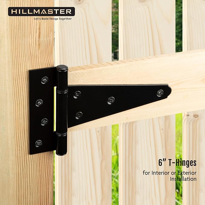 HILLMASTER 6 Inch T-Strap Heavy Duty Shed Door Hinges Gate Strap Hinges Black Tee Hinge Wrought Hardware for Wooden Fences,Yard,Barn Door,Rustproof (6 Pack)