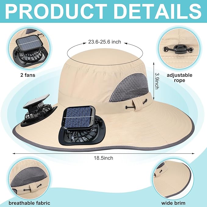 Glitopper 2 Set Wide Brim Solar Fan Hats with 2 Solar Fan and Arm Sleeves Set Outdoor Fishing Bucket Hat for Men Women Hiking