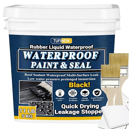 Rubber Liquid Waterproof Sealant, TUFINEIN 11 LB/5 KG Black Quick Drying Multi Surface Foundation Leak Repair - Roof Gutters Basement Sealer Waterproof - Indoor & Outdoor Flexible Rubber Paint