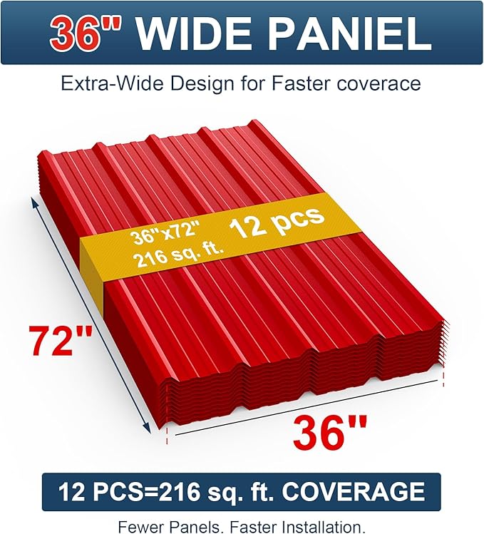12 Pack PPGI Metal Roofing Panels, 72" x 36", 28 Gauge, 216 Sq. Ft. Coverage, Prepainted Galvanized Steel Sheets for Residential, Commercial, Pergolas, Gazebos, Fencing, and Patio Roofs（Red）