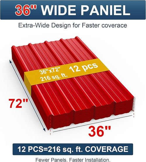 12 Pack PPGI Metal Roofing Panels, 72" x 36", 28 Gauge, 216 Sq. Ft. Coverage, Prepainted Galvanized Steel Sheets for Residential, Commercial, Pergolas, Gazebos, Fencing, and Patio Roofs（Red）