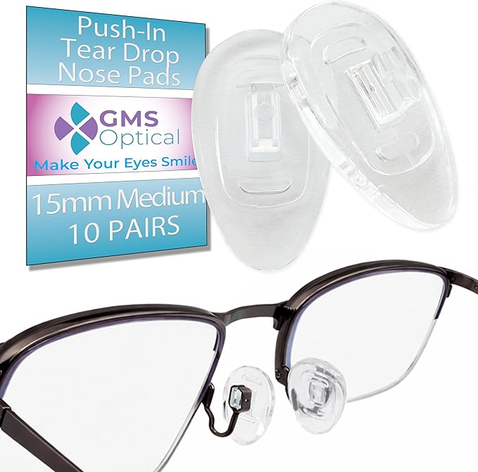 GMS Optical Push in Silicone Nose Pads for Glasses | 15mm Medium, 8.2mm Wide Width | Non Slip Nose Grips, Eyeglass Accessories for Glasses & Sunglasses, Provides Comfort & Stability (10 Pairs, Clear)