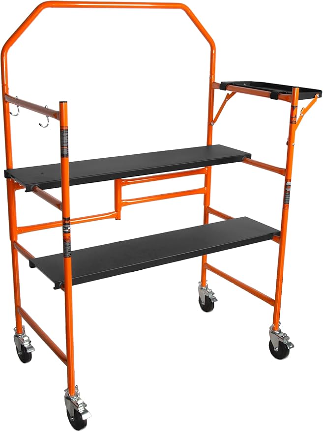 Wen 4-Foot Portable Rolling Scaffolding, 500-Pound-Capacity with Foldable Design, Safety Rail and Tool Shelf (31107)
