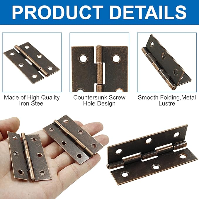 10Pcs Antique Red Bronze Door Hinges,2.5 Inch Iron Front Door Hinge,6 Hole Closet Exterior Door Hinges Heavy Duty,Antique Bronze Butt Hinge for Jewelry Box,Bedroom,Cabinet Door