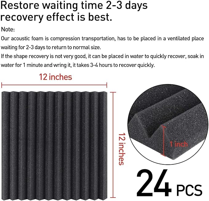 Focusound 24 Pack Grey Acoustic Foam Panels 1" x 12" x 12" Sound Proof Foam Panles Soundproofing Noise Cancelling Wedge Panels for Home Office Recoding Studio with 240PCS Double-Side Adhesive