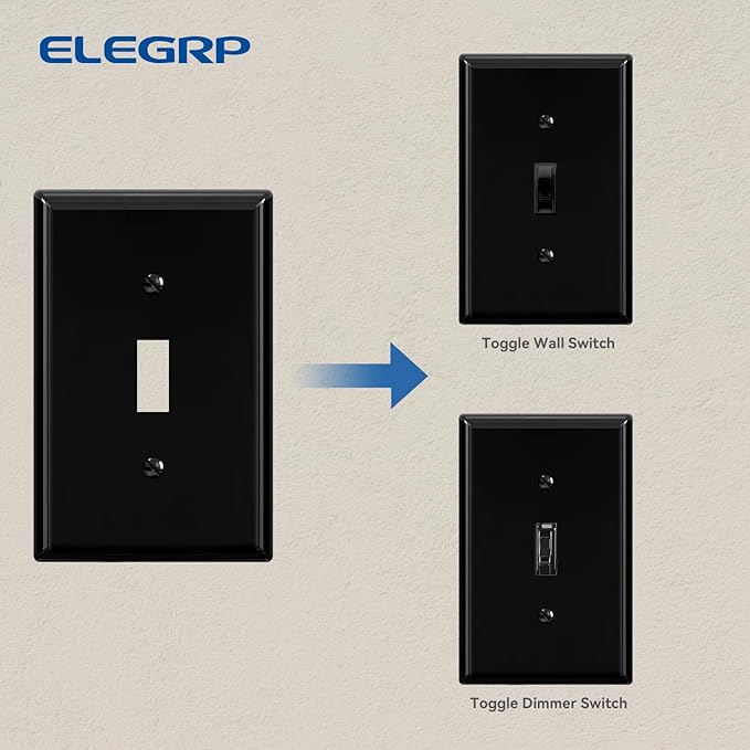 ELEGRP 1-Gang Mid Size Toggle Switch Covers, Light Switch Wall Plate, Unbreakable Polycarbonate Replacement Faceplates Covers, UL Listed, Color-matched Screws Included (2 Pack, Glossy Black)