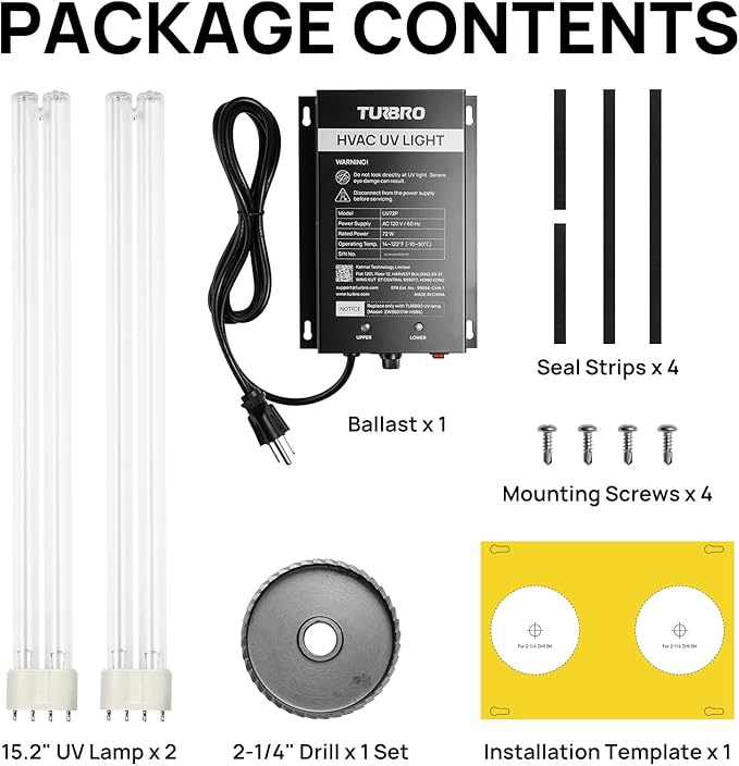 TURBRO AC 120V 72W HVAC UV Light Kit Air Purifier, ETL&CARB Certified, Comes with a 15.2 in 4-Pin 2G11 Base Lamp, Installation Template, and Ballast, for Cleaning Air and Ducted AC Systems, UV72P
