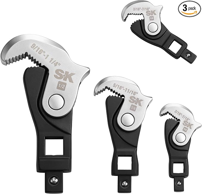 SK 3-Piece Adjustable Crows Foot Wrench Set, 1/4" & 3/8" & 1/2" Drive | Crowfoot Wrenches, Dual-Drive Ends Design, Spring Loaded Jaw with Serrated Teeth, 3/16" to 1-1/4", Premium CR-V Steel