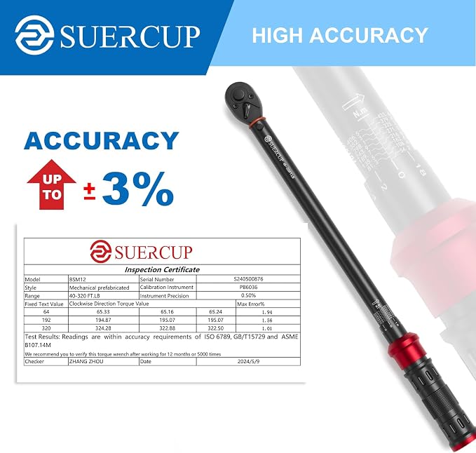 Torque Wrench 1/2-Inch Drive, 40-320Ft.Lb, for Motorcycle & Auto | 4.2-433.6Nm, 72-T Dual-Direction, ±3% Accuracy, Click Alert, for Car Lug Nuts, Engine, Suspension, Moto & Machinery Bolt
