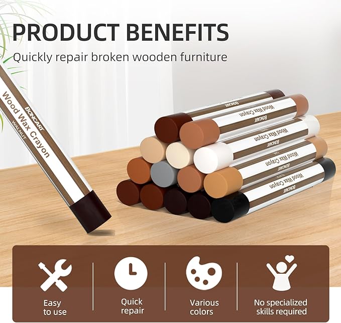 Boncart Wood Filler Sticks,12colors Wood Wax Crayons for Repairing Scratches, Scuffs, Cracks, and Nail Holes on Wood Furniture, Floors, Cabinets, Tables, and Doors