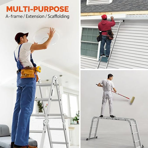 12.5 FT Folding Ladder, LUISLADDERS Multi-Purpose Ladder, Aluminium Extension Ladders 7 in 1 Heavy Duty Combination EN 131 Standard