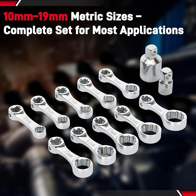 12PCS Metric Torque Adapter Set, 10–19mm Torque Wrench Extension Adapter, 3/8" Drive, 12 Point Box End Torque Wrench Adapter Set, Chromium Vanadium Steel with 1/2" & 1/4" Adapters