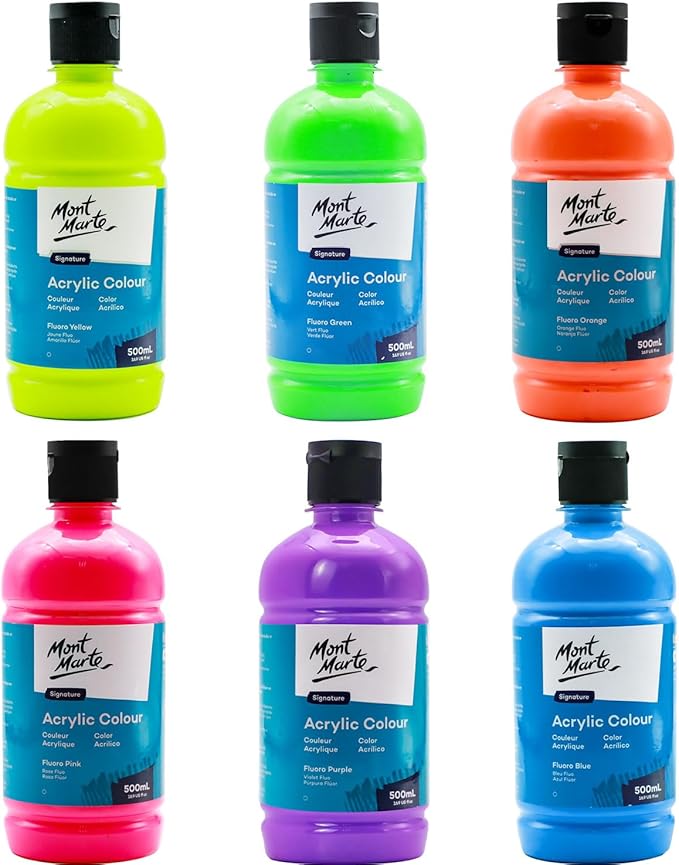 Mont Marte Signature Fluoro Purple Acrylic Paint, 16.9oz (500ml), Semi-Matte Finish, 12 Colors, Suitable for Canvas, Wood, Fabric, Leather, Cardboard, Paper, MDF and Crafts